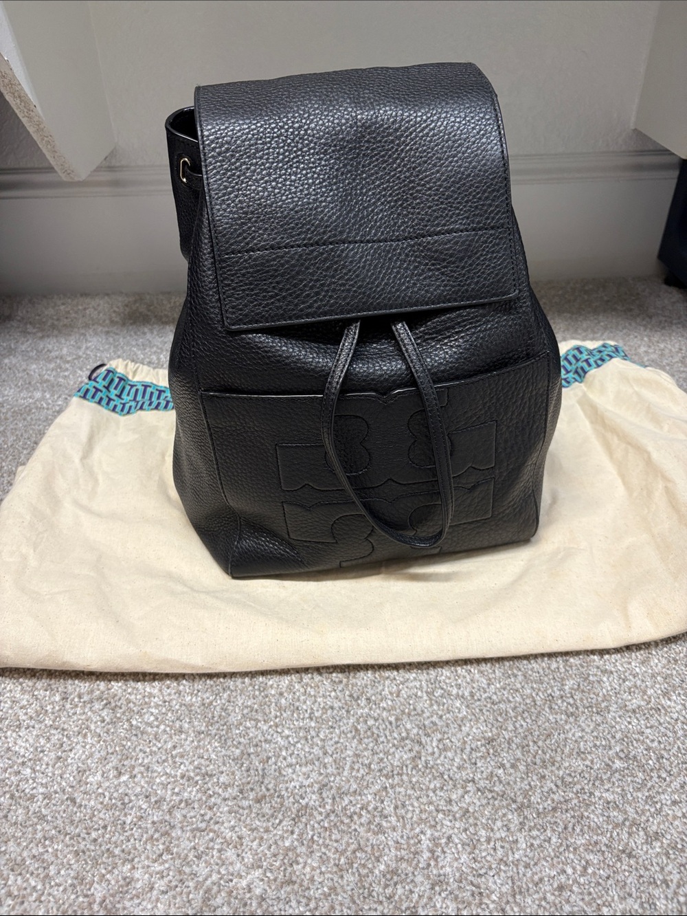 Tory Burch Black Pebbled Leather Large Logo Backpack + Dust Bag